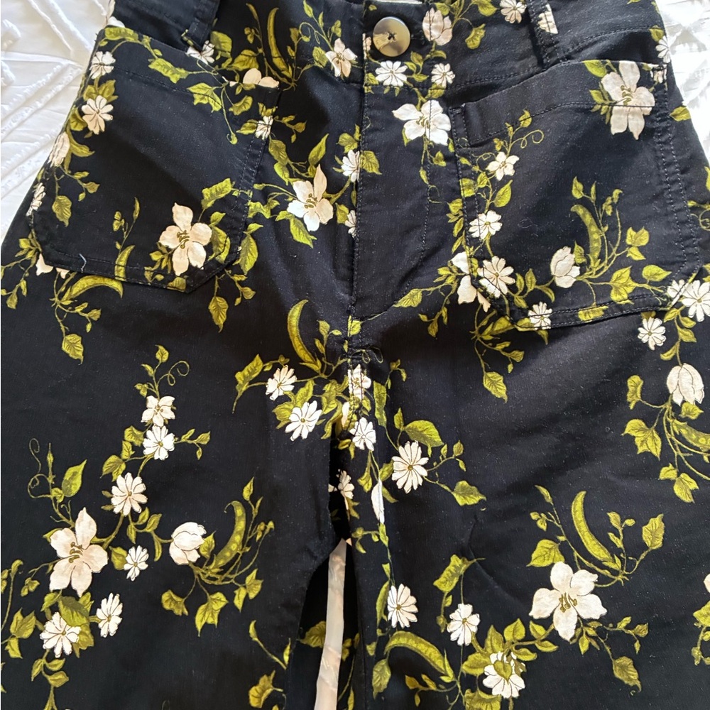 Maeve Colette Black Pants with White and Green Floral Design